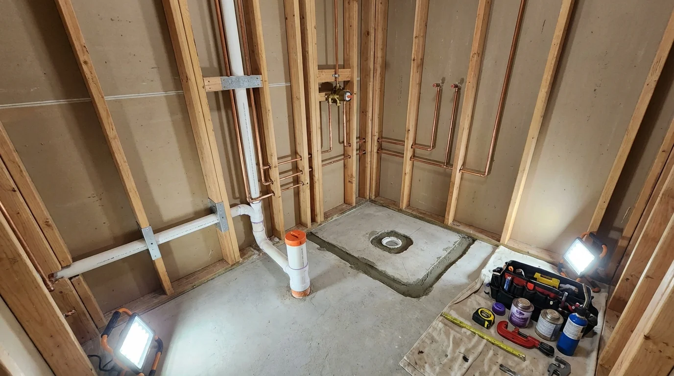 Bathroom rough-in plumbing during remodel by Johns Plumbing LLC in Pender