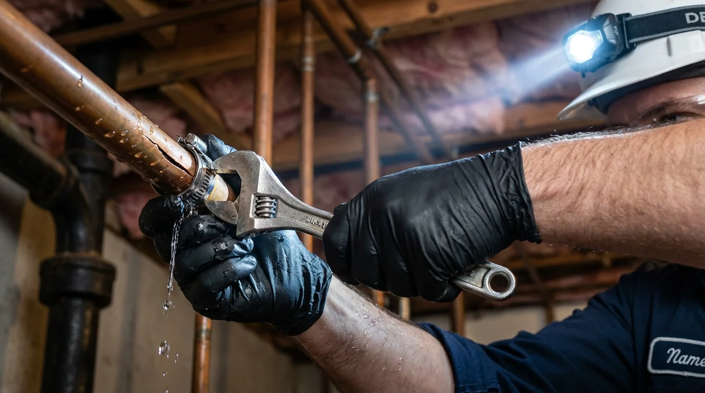 Emergency pipe clamp repair being performed by a Johns Plumbing LLC plumber in Pender