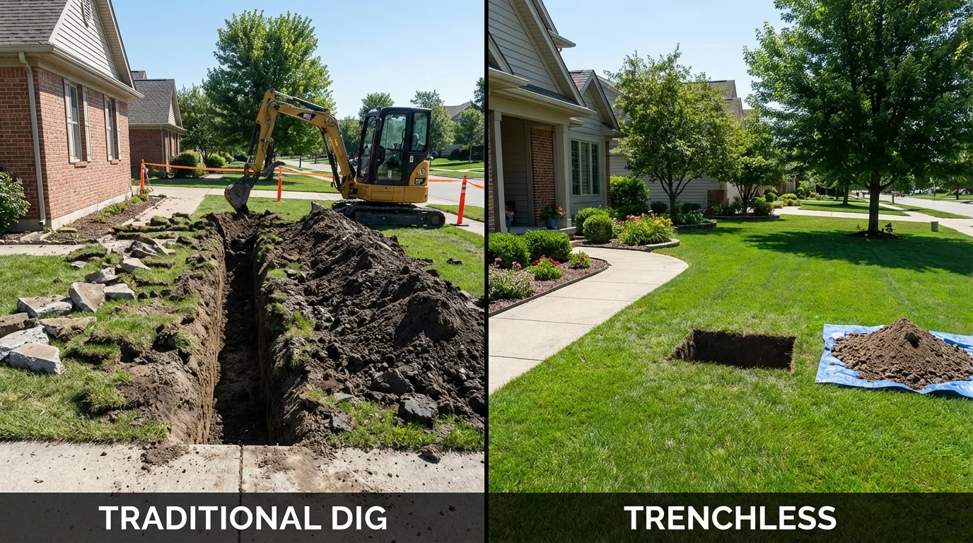 Trenchless sewer repair with minimal yard damage versus traditional excavation in Pender, NE