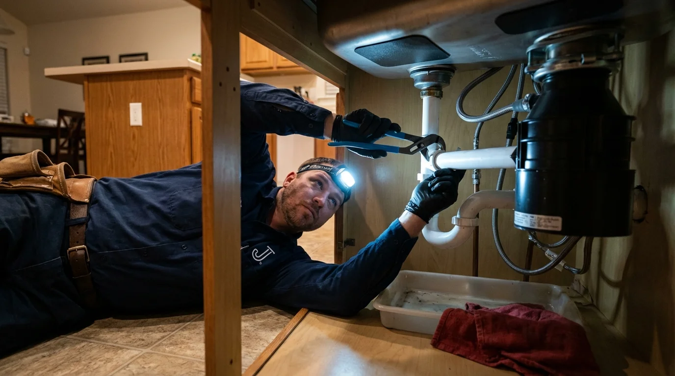 P-trap and supply line connections under a kitchen sink showing a common leak point in Pender, NE